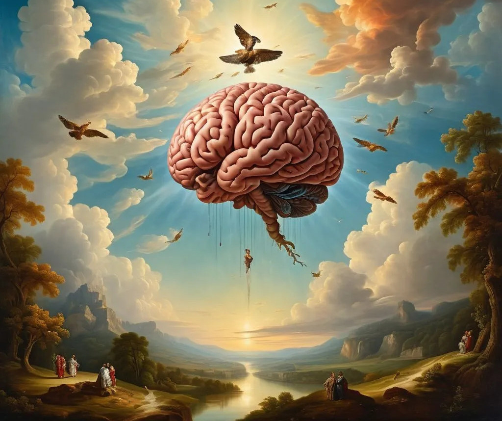 Hjernen mellom himmel og jord, renessanseinspirert maleri